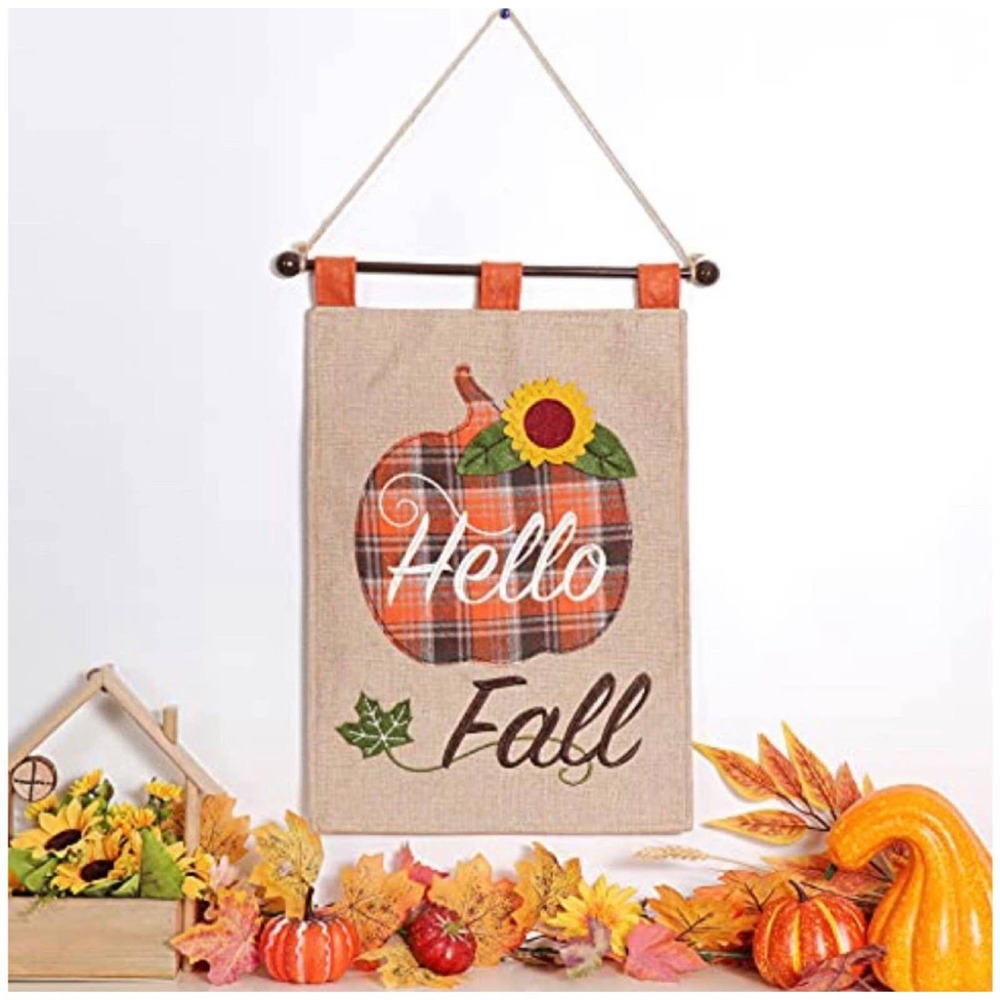 Fall Season Thanksgiving Flag Plaid  Burlap Banner